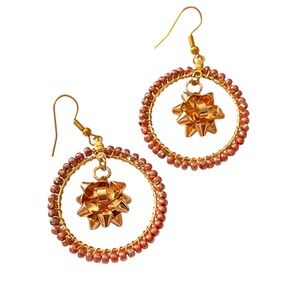 Womens Beaded Dangle Earrings Gold Tone Pink Round Christmas Holidays
